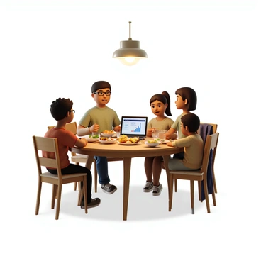 A family of four gathered around a wooden dinner table, featuring a variety of delicious dishes. The parents, a man with short black hair and glasses and a woman with long brown hair in a ponytail, are engaged in a discussion about "Roth Conversion." Their expressions show concentration and interest. Their two children, a boy with curly hair and a girl with straight hair, are listening attentively while taking notes. A laptop is open on the table, displaying graphs related to financial planning. A warm glow from an overhead light illuminates the scene, creating a cozy atmosphere. The table is set with plates, utensils, and glasses of water.