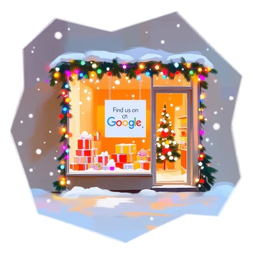 A storefront adorned with colorful holiday lights that twinkle against the evening backdrop. The lights are carefully draped along the edges of the windows and along the doorframe, creating a festive atmosphere. In the large front window, there is a prominent sign that reads “Find us on Google” in bold letters, inviting passersby to connect online. The display inside showcases seasonal decorations, including small ornaments and wrapped gifts, enhancing the holiday spirit. The storefront is framed by snow gently falling outside, adding to the cozy winter scene.