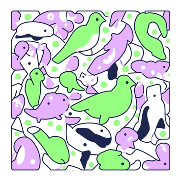A tessellation artwork featuring interlocking animals in a mosaic design. The image showcases various animals such as birds, fish, and mammals, arranged in a continuous pattern without gaps. Each animal interlocks with its neighbors, creating a seamless flow throughout the piece. The animals are depicted in a variety of poses, emphasizing their distinctive features, such as beaks, fins, and fur. The background is filled with a repeating geometric pattern that complements the intricate shapes of the animals, enhancing the overall harmony of the composition.