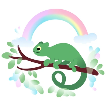 A chameleon rapidly changing into various bright colors while looking at a rainbow