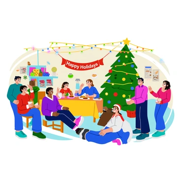 A lively holiday celebration scene filled with colorful decorations and joyful activities. There are string lights hung across the ceiling, glowing warmly in shades of red, green, and gold. In one corner, a beautifully decorated Christmas tree stands tall, adorned with shiny ornaments and a sparkling star on top. People are gathered around a table, engaging in cheerful conversations while enjoying a spread of holiday treats, including cookies and hot cocoa. In another area, children are playing games, laughing, and showing off handmade crafts displayed on a nearby wall. A banner reading "Happy Holidays" is prominently displayed, adding to the festive atmosphere.