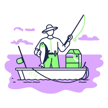 A fisherman is standing on a boat, proudly holding a freshly caught mahi-mahi with both hands. He is wearing a wide-brimmed hat and a light-colored shirt that flutters slightly in the breeze. The mahi-mahi is vibrant, showcasing its distinctive shape and features. Around the fisherman, the boat is equipped with fishing gear such as rods, nets and a cooler. The water is calm, with gentle ripples reflecting the light. In the background, faint outlines of distant shores and clouds can be seen on the horizon.