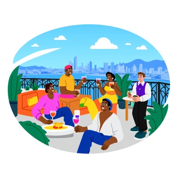 A vibrant rooftop terrace featuring an Art Deco design with geometric patterns and elegant railings. Several people with diverse appearances are enjoying colorful cocktails in decorative glasses. Each cocktail is a different hue, such as bright pink, deep blue, and sunny yellow. The terrace is adorned with lush green plants and stylish furnishings, including a comfortable seating area. In the background, a panoramic view of a bustling city skyline under a clear blue sky is visible, showcasing various tall buildings and a hint of clouds.