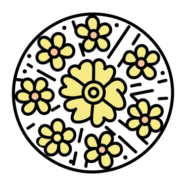 A circular mandala design featuring intricate patterns inspired by "calendula flowers." The mandala is composed of repeated shapes resembling petals, with vibrant "orange" and "yellow" hues dominating the color palette. Each section of the mandala incorporates geometric elements that mimic the natural curves of the flowers. The overall composition is symmetrical, with a detailed center that radiates outward, showcasing a blend of floral motifs and abstract designs.
