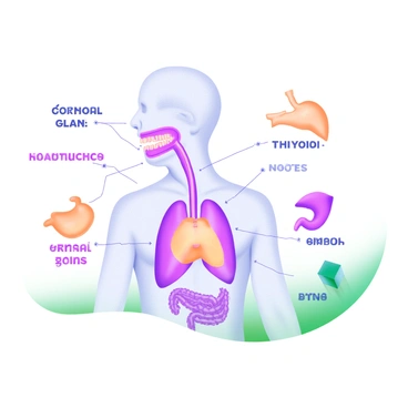 A detailed diagram of the human endocrine system showcasing major glands. The illustration includes the "thyroid" gland located in the neck area, represented in a clear shape. The "pancreas" is depicted in its anatomical position, illustrating its role in the digestive system. Additional glands such as the "pituitary gland," "adrenal glands," and "gonads" are also included, each marked with labels for identification. The diagram features organized lines connecting these glands, indicating their interactions within the endocrine system. The overall layout is clean and informative, making it easy to understand the relationships between the different glands.