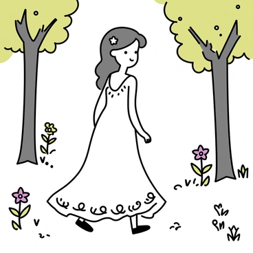 A bride wearing a flowing fairytale-inspired gown with intricate lace detailing is wandering through an enchanted forest. The gown features a long train that trails behind her, and delicate floral patterns are embroidered along the hem. Surrounding her are tall, slender trees with lush green leaves, casting dappled sunlight onto the forest floor. Soft, vibrant wildflowers in shades of purple, yellow, and pink bloom around her feet. The bride's long hair is adorned with small white blossoms, complementing her ethereal appearance as she gracefully navigates the winding forest path.
