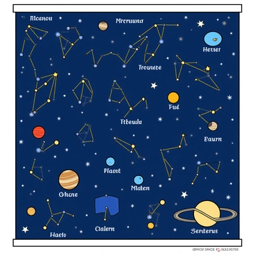 A large celestial wall chart featuring a deep blue background decorated with intricate illustrations of various constellations and planets. The constellations are depicted with bright white stars connected by thin golden lines, forming recognizable shapes. Several planets are shown in vibrant colors, including a red Mars, a blue Earth, and a yellow Saturn with its iconic rings. The chart includes labels for each constellation and planet, written in elegant white script. The edges of the chart are adorned with decorative celestial motifs, such as shooting stars and moon phases.