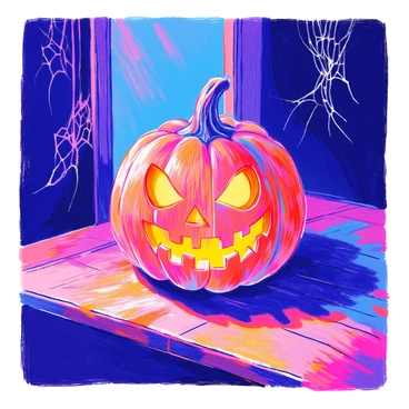 A carved pumpkin lantern with a mischievous grin and glowing eyes is placed on a wooden table. The pumpkin's surface shows intricate patterns and jagged edges from the carving. The dimly lit room features dark walls that absorb the faint light. Eerie shadows are cast across the floor, creating a mysterious atmosphere. In the background, a few cobwebs hang from the corners, adding to the haunting ambiance.