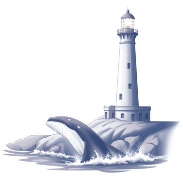 A lighthouse with a whale breaching in the water nearby