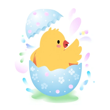 A cute yellow chick is emerging from a beautifully decorated Easter egg. The egg is covered in intricate patterns of pastel colors, with floral designs and small polka dots. The chick's feathers are soft and fluffy, glistening in the light. Scattered around the chick are colorful confetti and small pieces of green grass that add to the festive atmosphere. The background features a gentle blend of pastel colors, enhancing the joyful scene.