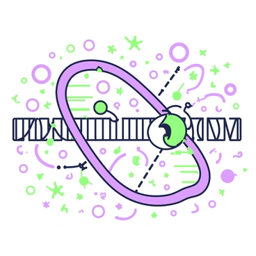 A detailed view of DNA replication during the S phase of the cell cycle is presented. In the center, two chromosomes are depicted, each consisting of two sister chromatids connected at the centromere. A replication fork is visible at each end of the chromosomes, showing the unwinding of the double helix. Enzymes, such as DNA polymerase, are illustrated at work, adding nucleotides to the growing strands. The background is filled with small molecular structures representing nucleotides, some exhibiting the process of base pairing. The entire scene is outlined in green and purple, highlighting the intricate details of the replication process.