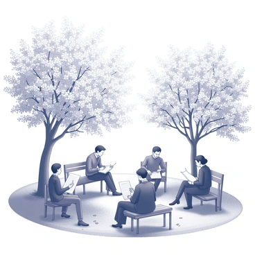 A garden filled with blooming cherry trees, their branches heavy with delicate flowers. Several poets are gathered, each seated on benches or blankets on the grass. Some are holding parchment and quills, deeply focused on their writing. A few poets are engaged in conversation, sharing ideas. The ground is covered in soft grass and petals that have fallen from the trees, creating a natural carpet. Sunlight filters through the branches, casting gentle shadows around the poets.