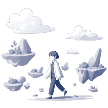 A figure resembling "Sukuna" is walking through a dreamlike landscape. The setting includes numerous "floating islands" that drift in the air. Each island features lush vegetation and peculiar rock formations. The sky above is vast and contains abstract clouds that seem to twist and morph. The ground is covered with soft, irregular textures, blending seamlessly with the surrounding islands. In the distance, ethereal structures rise from some islands, adding to the surreal atmosphere. "Sukuna" maintains a confident stance as they navigate this otherworldly environment, with an expression that reflects contemplation and curiosity.