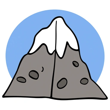 A towering mountain with a steep, rocky face covered in a layer of pristine white snow. At the top, there is a narrow fissure running down its snowy peak, creating a distinct vertical line against the bright blue sky. The mountain's slopes are rugged, with patches of dark stone visible where the snow has melted. This impressive natural formation stands against a clear, cloudless backdrop.