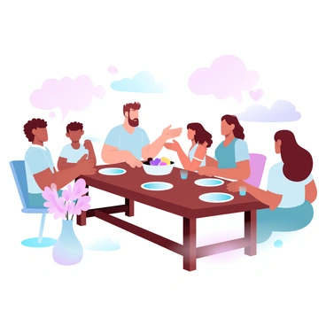A family is gathered around a large wooden dining table. There are four members: a father with short hair, a mother with wavy hair, a young boy with curly hair, and a teenage girl with long straight hair. The table is set with colorful plates and glasses, and a bowl of fresh fruits is in the center. Each family member is engaged in lively conversation, with animated hand gestures and smiles. A warm, inviting atmosphere fills the scene, enhanced by soft light illuminating the space. A decorative vase with flowers is placed on a nearby side table.