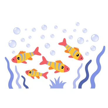 A group of colorful zebrafish with orange and blue stripes swimming playfully in clear water. The fish are surrounded by a multitude of shimmering bubbles rising to the surface. Some bubbles are larger, while others are small and reflect light, creating a lively underwater scene. The fish are curiously darting in and out of the bubbles, with their fins gently fanning out as they move. The background features soft, wavy aquatic plants swaying slightly in the water.