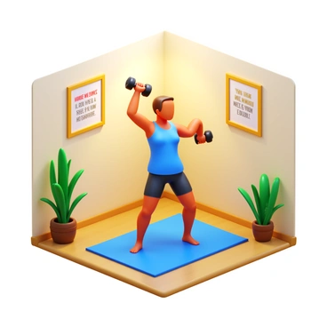 A person performing a shoulder press with dumbbells in a cozy home workout corner. The individual is focused and maintaining proper form while lifting the dumbbells above their head. Surrounding them are several vibrant green plants, adding a fresh and lively atmosphere to the space. The workout corner features a yoga mat on the floor, and a soft light is illuminating the area, creating a warm and inviting environment. The walls are decorated with motivational quotes in stylish frames, enhancing the workout setting.