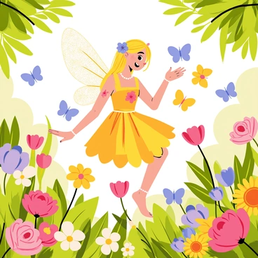 A flower fairy with shimmering wings is joyfully playing with colorful butterflies in a lush garden. The fairy has long flowing hair adorned with small flowers, and she wears a vibrant dress made of petals. Surrounding her are various butterflies in bright shades of blue, yellow, and orange, fluttering around her. The garden is filled with an array of flowers in full bloom, including roses, daisies, and sunflowers, all set against a backdrop of rich green foliage and soft sunlight filtering through the leaves.