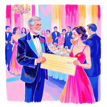 A wealthy donor in a tailored black tuxedo stands confidently at a gala event. He has neatly combed hair and a warm smile, holding out a large oversized check toward a charity representative. The charity representative, dressed in an elegant evening gown, is reaching out to accept the check with a look of gratitude. The background is adorned with soft lighting, elegantly draped tablecloths, and floral centerpieces, creating a sophisticated atmosphere. Guests in formal attire mingle and admire the moment.