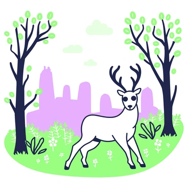 A deer spirit with large, expressive eyes and ethereal antlers is wandering through a forest shrouded in mist. The spirit's body is slender and graceful, surrounded by a soft glow that highlights its form. Tall trees with intricate bark and twisting branches create a dense canopy overhead, their leaves faintly visible through the fog. The forest floor is carpeted with lush, green ferns and small flowers peeking through the mist. In the background, faint outlines of ancient stones are partially obscured by the haze, adding to the mystical atmosphere.