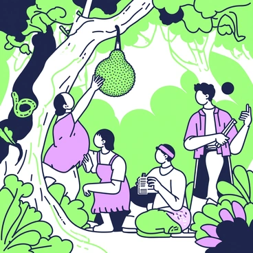 A group of three explorers is navigating through a dense jungle. They are surrounded by towering trees and lush greenery. One explorer is reaching up to touch a giant jackfruit that hangs low from a large tree branch. The jackfruit is rough and textured, with a bumpy surface. The second explorer is kneeling beside the tree, taking notes in a notebook, while the third explorer stands a few steps back, holding a camera to capture the moment. Sunlight filters through the canopy, casting dappled light on the explorers and the jackfruit. Various plants and vines surround the scene, creating a vibrant wild atmosphere.