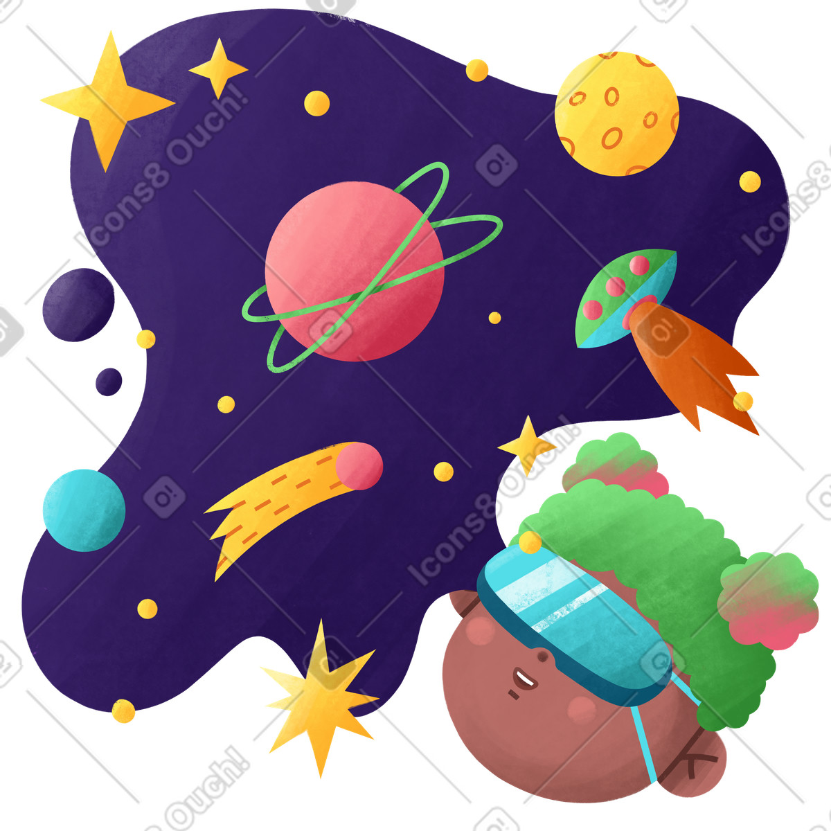 Illustration Fille dans un casque de réalité virtuelle l'espace le style Bonbon à télécharger aux formats PNG, SVG
