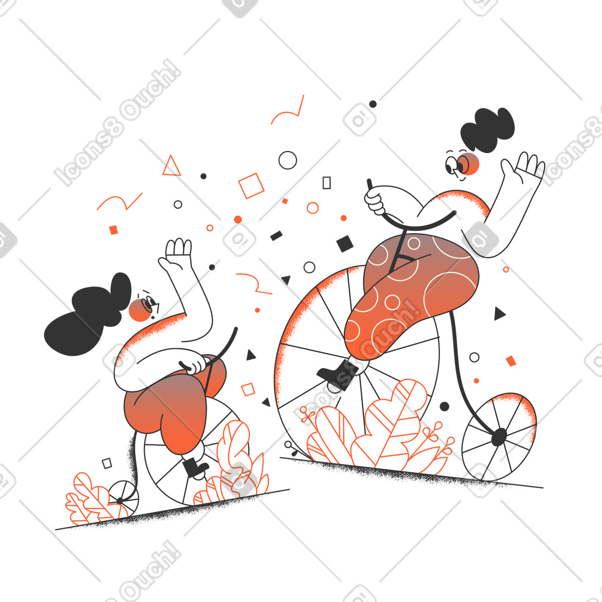 下载 Crayon 风格的 Young and adult cyclists waving to each other, Premium upgrade concept 插画，支持 PNG、SVG 格式