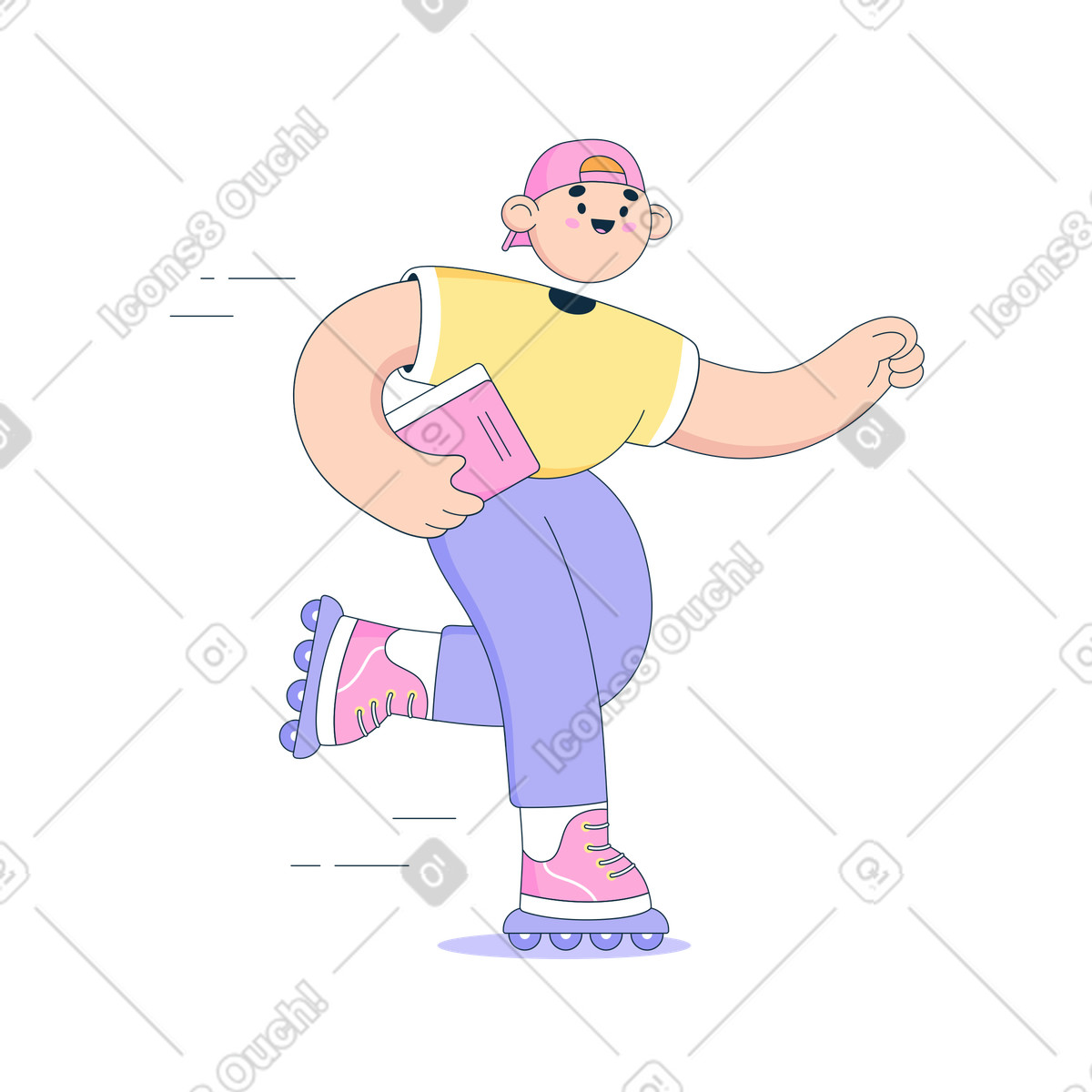 Bubble gum スタイルの ティーンエイジャーは本を持ってローラースケートに乗る のイラストをPNG、SVG形式でダウンロード