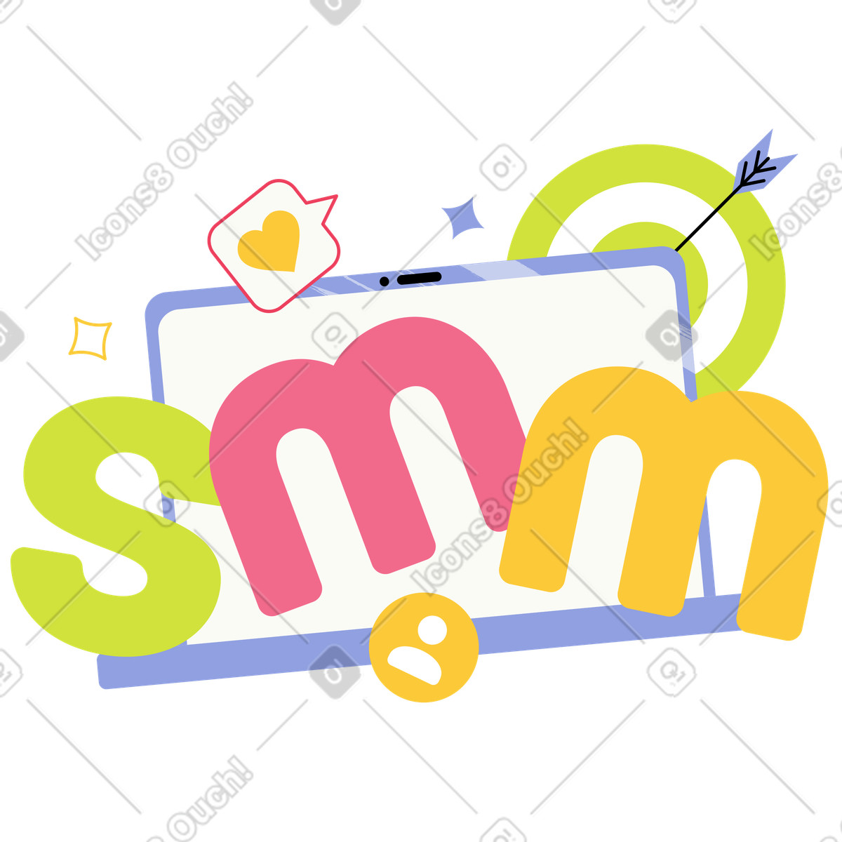 Laptop with SMM lettering and social icons, Digital marketing or media management illustrazione in stile Juicy scarica in PNG, SVG