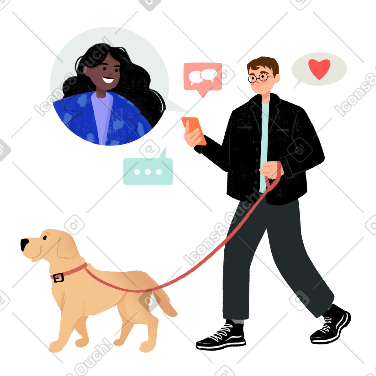 Ilustração de Falar ao telefone enquanto passeia com o cachorro em no estilo Experimental para baixar em PNG, SVG