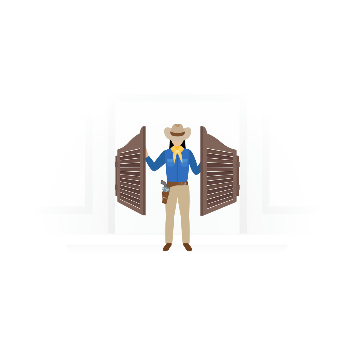 Illustration Cowgirl by swinging saloon doors, Sign in authentication concept dans le style Fogg à télécharger aux formats PNG, SVG
