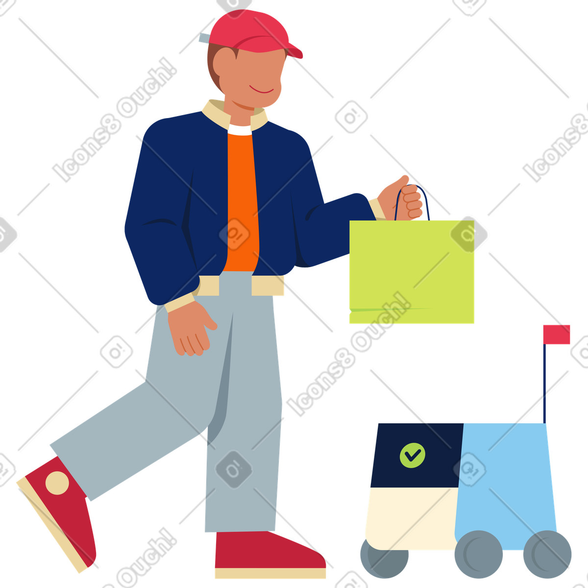 Mann holt papiertüte von lieferroboter-Illustration im Catchy-Stil als Download in PNG, SVG