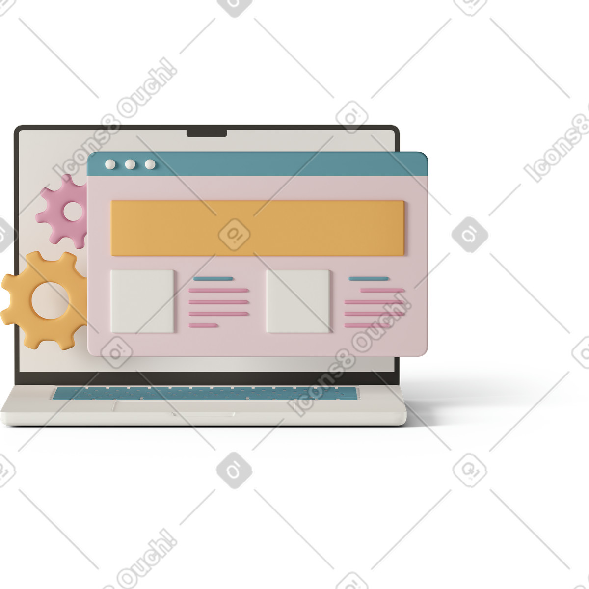 下载 3D Casual life 风格的 Website browser window in laptop 插画，支持 PNG、SVG 格式