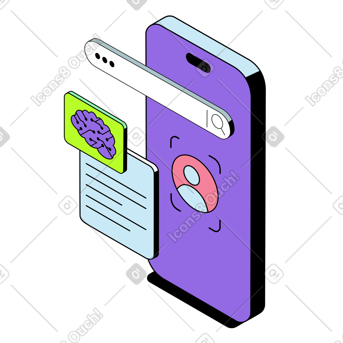 Ricerca internet basata sull'intelligenza artificiale sul telefono cellulare illustrazione animata in stile Project scaricabile in GIF, Lottie (JSON), AE