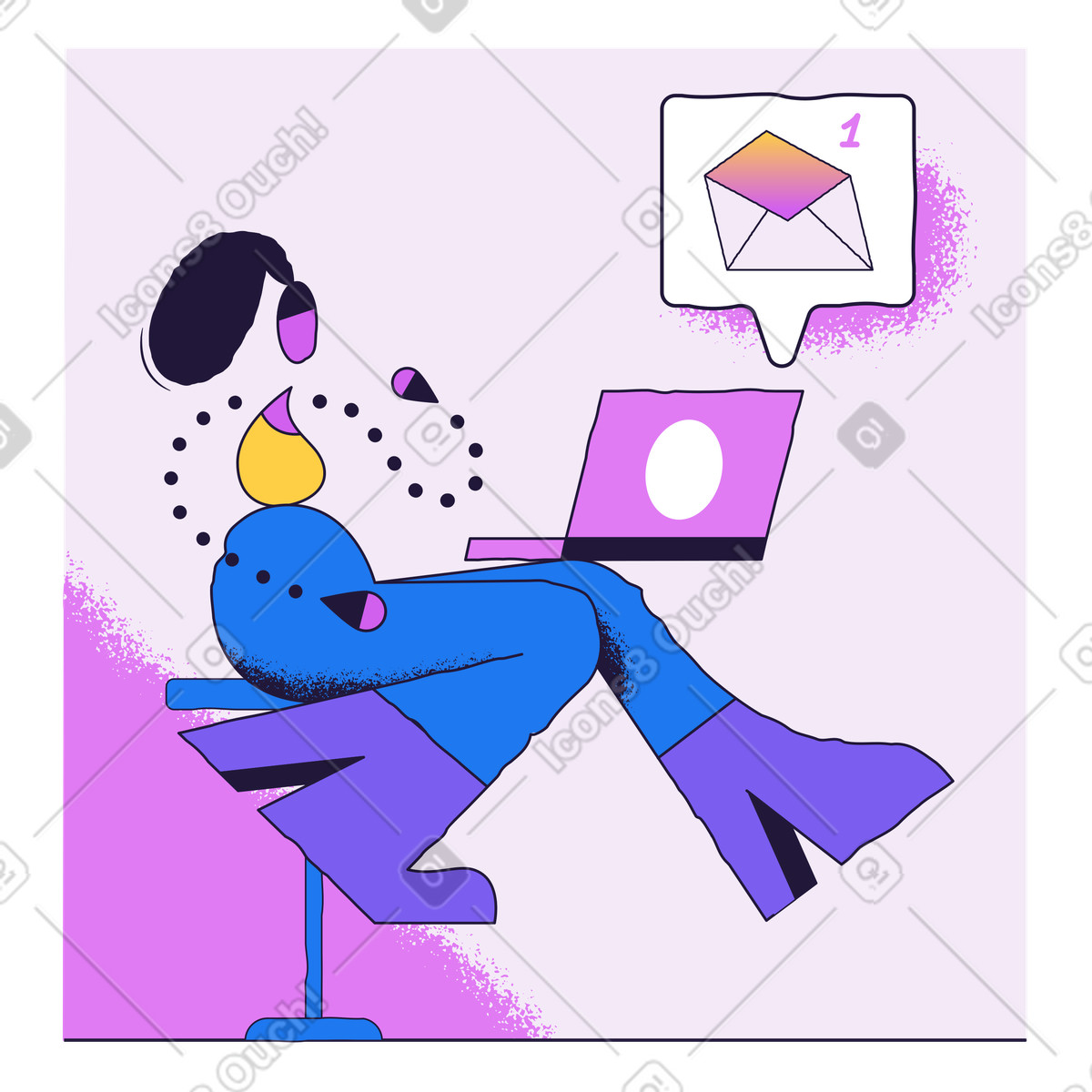 Donna che lavora su un laptop e riceve notifiche via email illustrazione in stile Conifer scarica in PNG, SVG