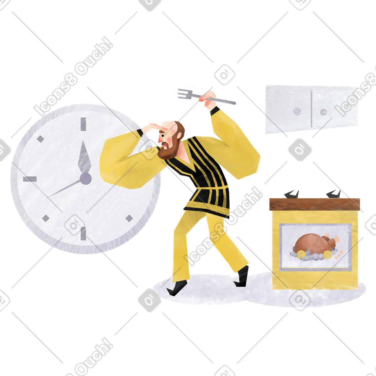 Family スタイルの ローストチキンが焼けるのを待つ男性 のイラストをPNG、SVG形式でダウンロード