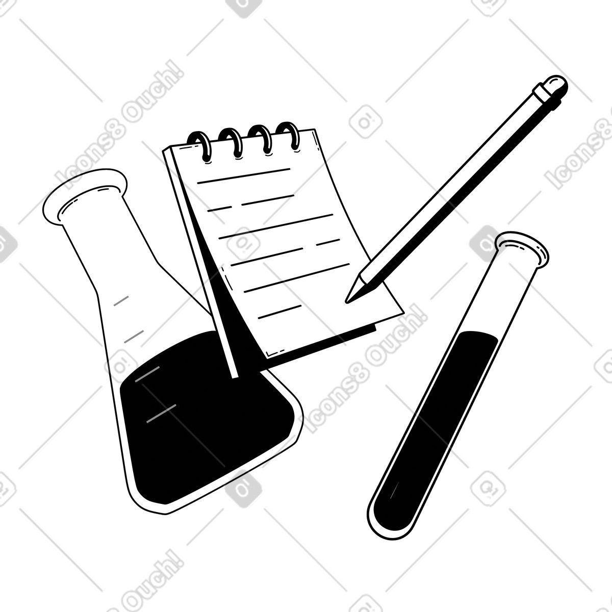 Beuta di erlenmeyer e provetta con blocco note, configurazione per esperimenti laboratorio illustrazione animata in stile 3D Techny Line scaricabile in GIF, Lottie (JSON), AE