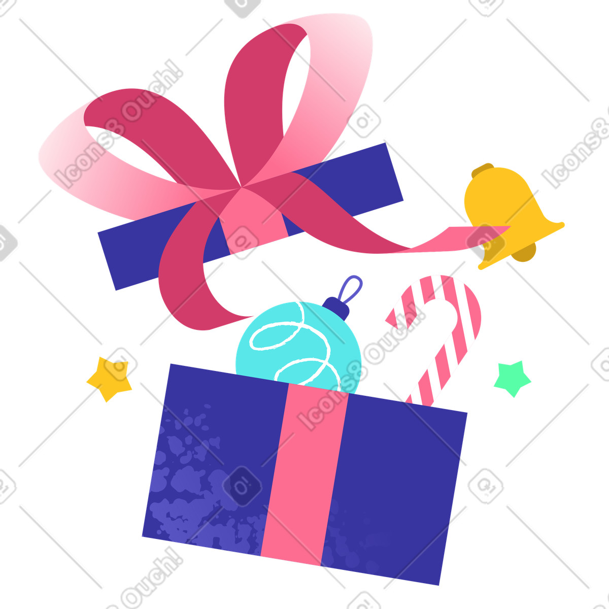 Gift box with Christmas decorations, festive holiday present illustration in PNG, SVG