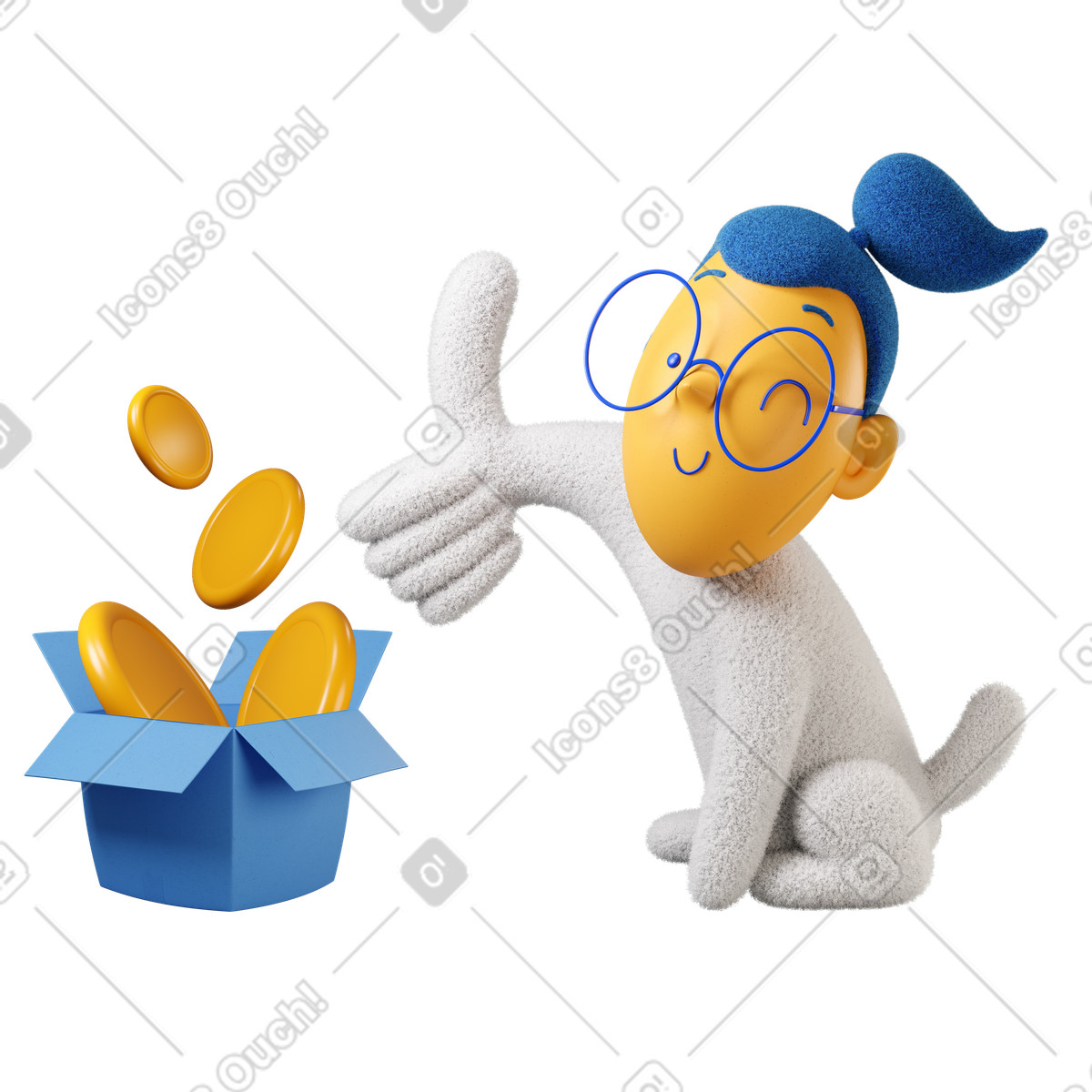 Ilustración Girl saving coins in a blue box en estilo 3D Buddy descargar en PNG y SVG