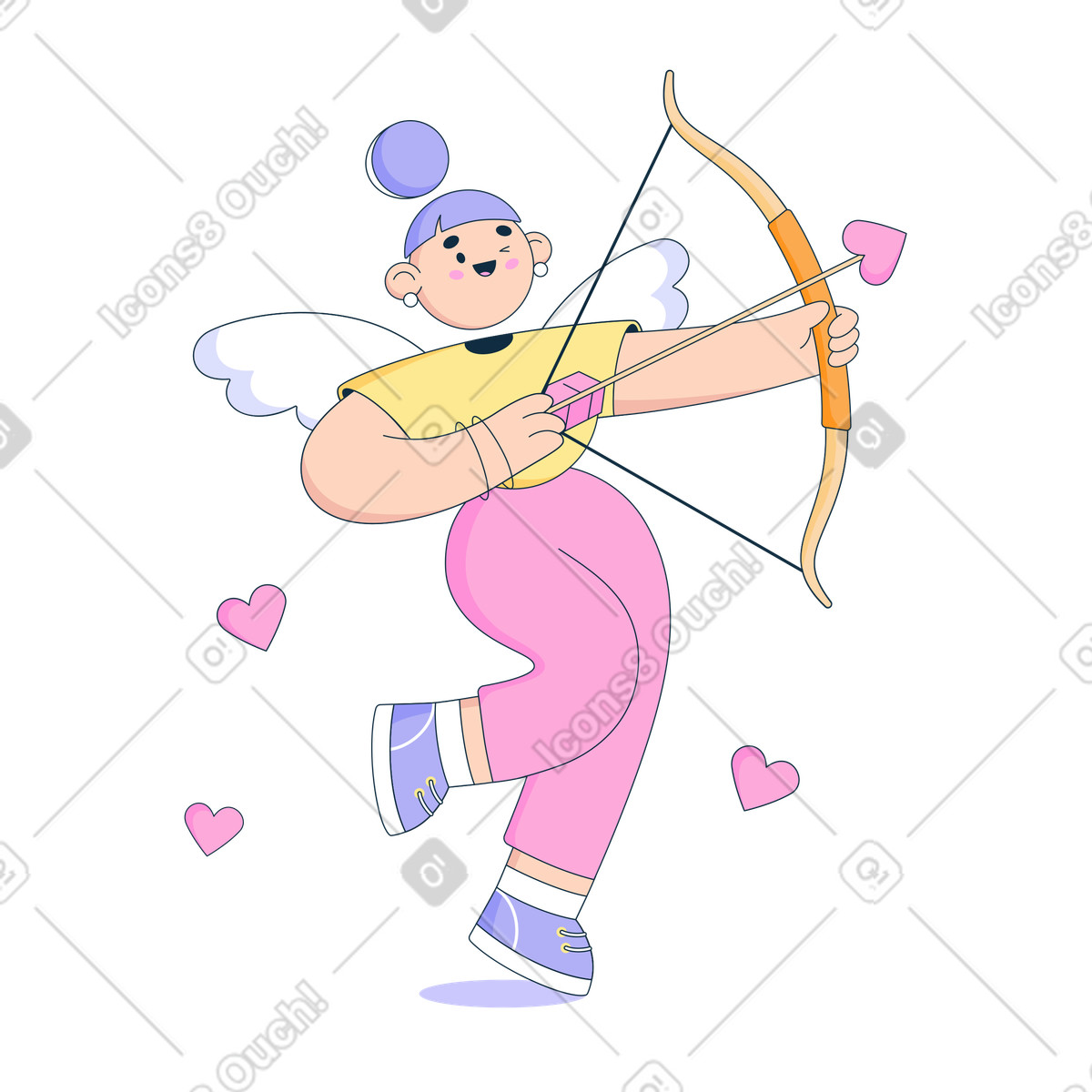 Illustration animée La femme tire une flèche avec un coeur d'un arc dans le style Bubble gum à télécharger aux formats GIF, Lottie (JSON), AE