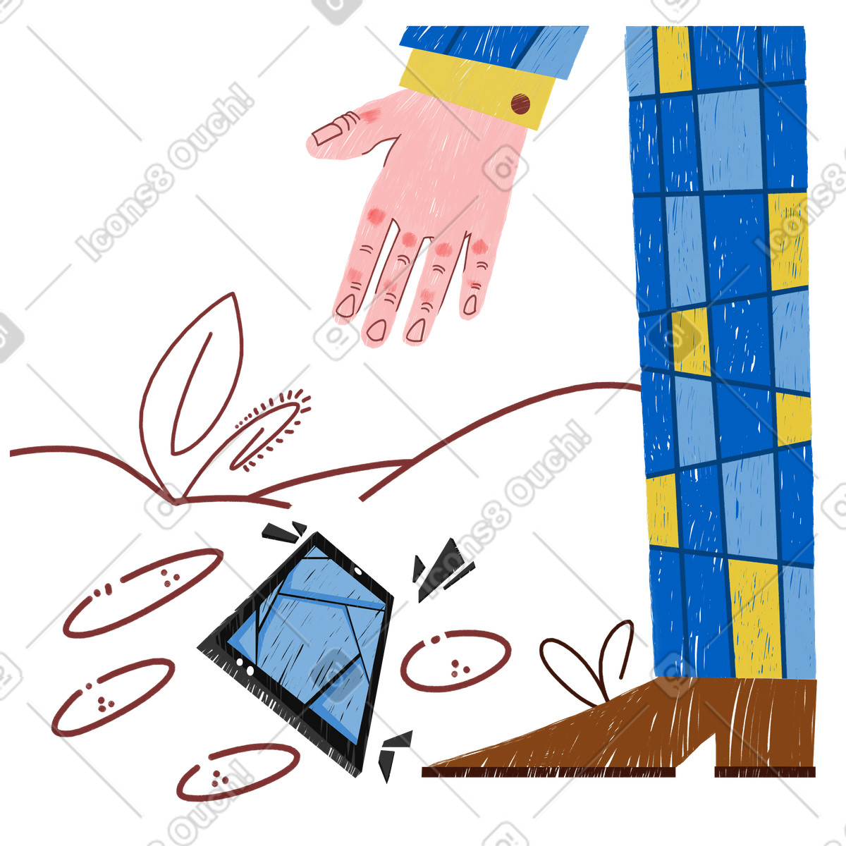 Broken phone on ground, Mobile damage and fatal error concept illustration in Sleepy style download in PNG, SVG