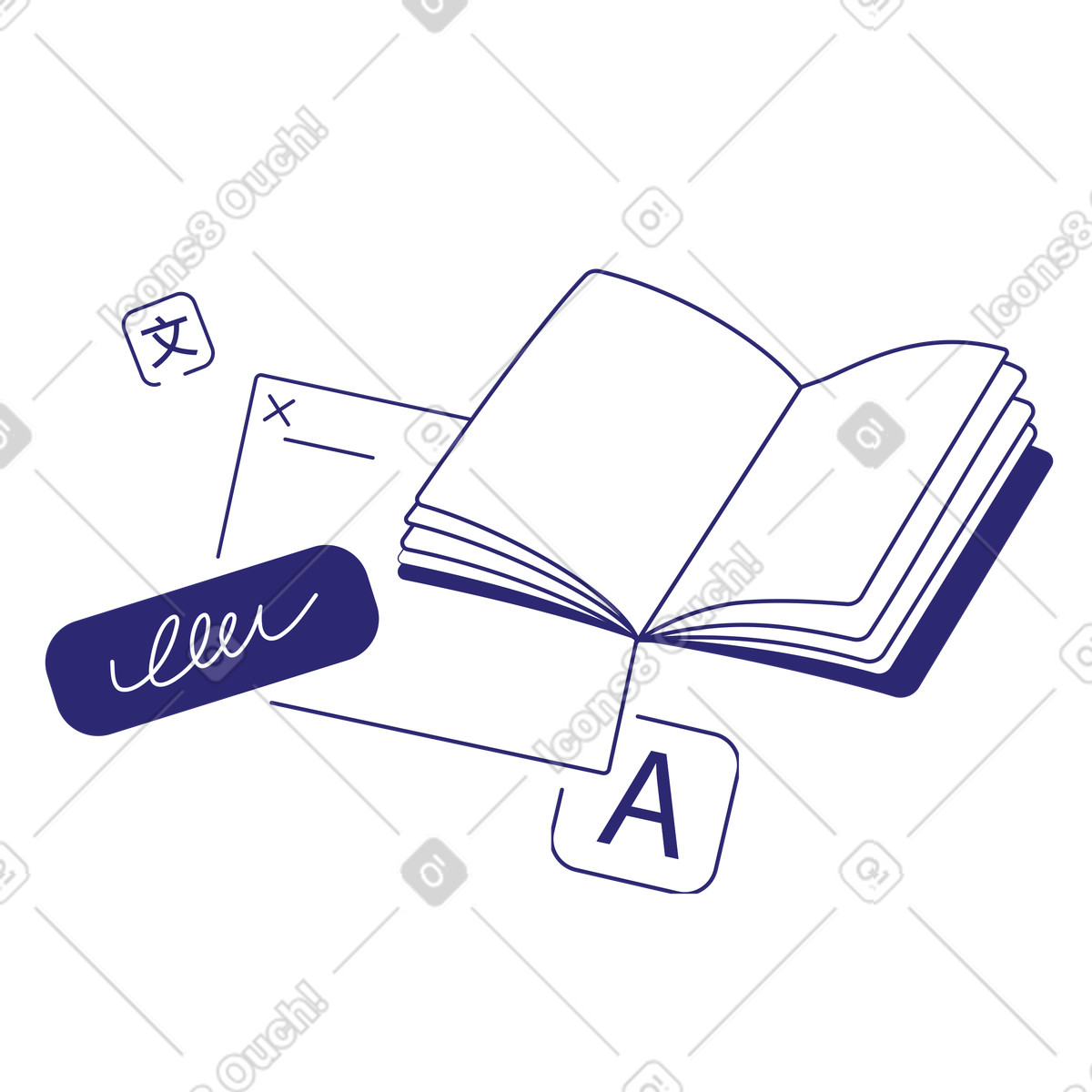 Read book in foreign language illustration in Cut style download in PNG, SVG