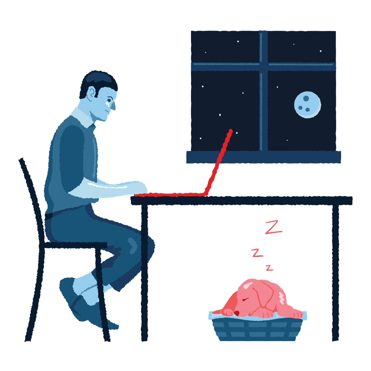 Illustration Man working remotely late at night dans le style Cherry à télécharger aux formats PNG, SVG