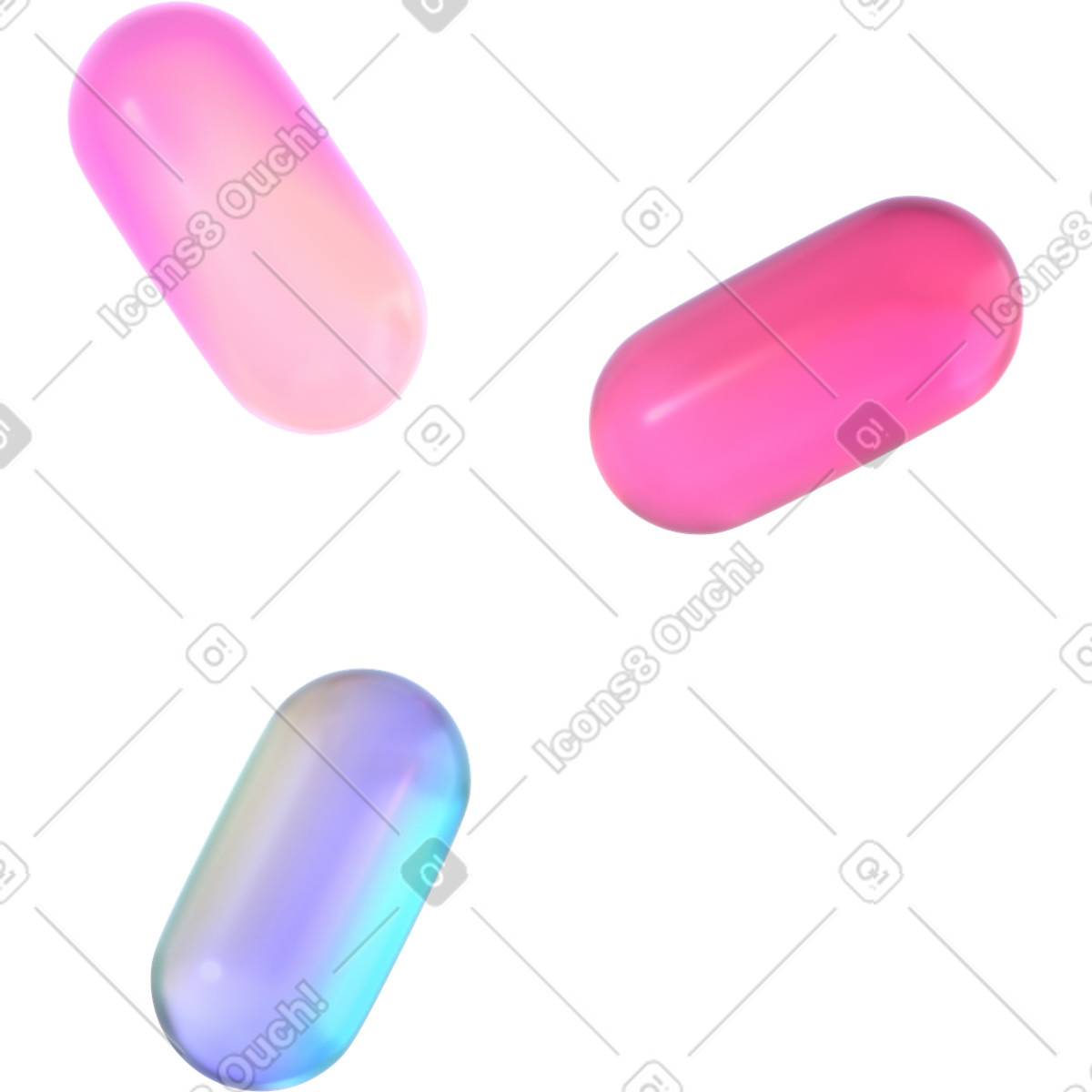 Composition of three capsules illustration in 3D Glassy style download in PNG, SVG