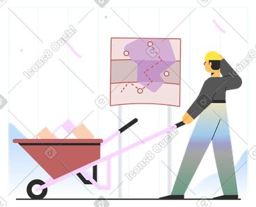 Man with wheelbarrow looking at map PNG, SVG