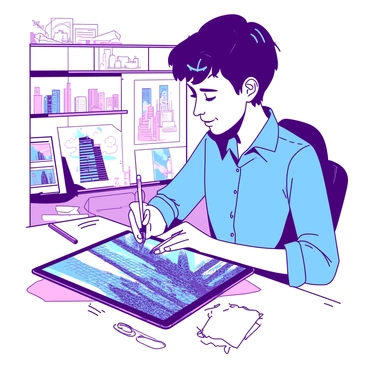 An illustrator with short hair is focused on their work while sitting at a desk with a digital tablet in front of them. The tablet displays a vibrant, complex design of a futuristic cityscape filled with tall, sleek buildings featuring neon lights. The illustrator is using a stylus to add intricate details to the city, with their left hand resting on the desk. In the background, there are shelves filled with art supplies and sketches of various architectural designs. The scene is well-lit, allowing for clear visibility of the artist's intense concentration and the glowing screen of the tablet.