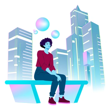 A person sitting on a futuristic bench in a sleek urban environment, lost in thought. They have medium skin and short curly hair, wearing casual clothing. Surrounding them are colorful orbs of light in various sizes, each representing floating memories. The orbs glow softly in shades of blue, pink, and yellow, drifting gently around the person, creating a dreamlike atmosphere. The background features towering, modern buildings with geometric designs and bright neon accents.