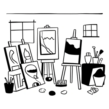 An artist's studio with various illustration boards leaning against a textured wall. There are several paintbrushes in a cup placed on a cluttered table beside the boards. A canvas with an unfinished painting stands on an easel in the center of the room. Scattered tubes of paint are placed around the studio, along with a palette that shows mixed colors. Light filters through a window, casting shadows on the floor.