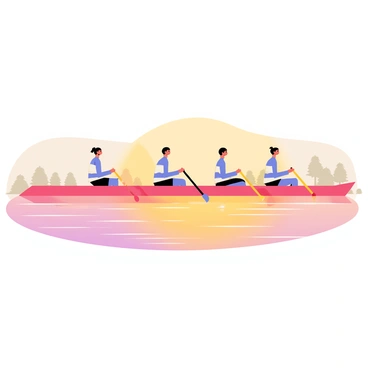 A rowing team consisting of four athletes is gliding smoothly across a calm lake. The team is in a long, narrow boat with bright red accents, and each member is in a uniform featuring blue and white stripes. The water of the lake reflects the warm hues of the sunrise, displaying shades of orange, pink, and gold across its surface. In the background, gentle silhouettes of trees line the shore, and a soft mist hovers above the water, adding to the tranquility of the scene.