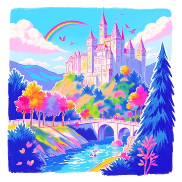 A large castle with high towers and pointed roofs stands majestically on a hilltop. The castle is made of gray stone, with ivy climbing up its walls. Surrounding the castle is a lush green forest with trees that have thick trunks and vibrant leaves. A sparkling river flows in the foreground, reflecting the sunlight. In the sky above, fluffy white clouds drift lazily, and a rainbow arcs across the horizon. A group of colorful birds can be seen flying around the castle, and a small wooden bridge crosses the river. This scene captures the enchanting atmosphere of a fantasy world.